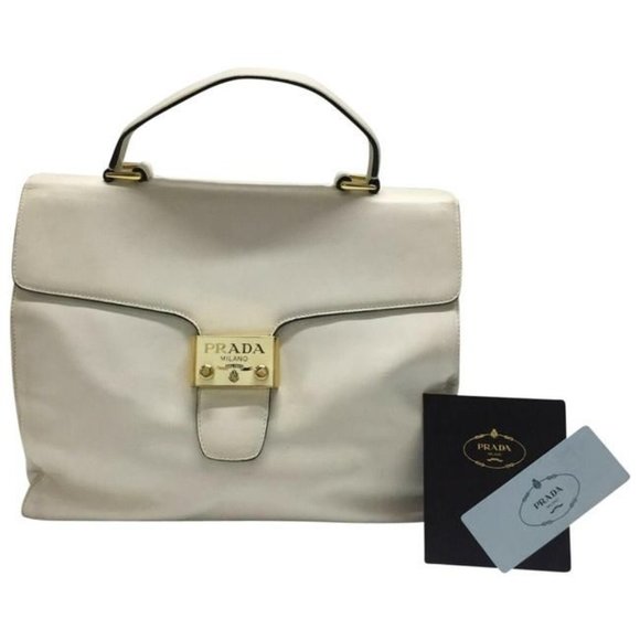 Prada Vitello Daino Handle Style Purse Super Soft White Leather Satchel - Picture 1 of 9